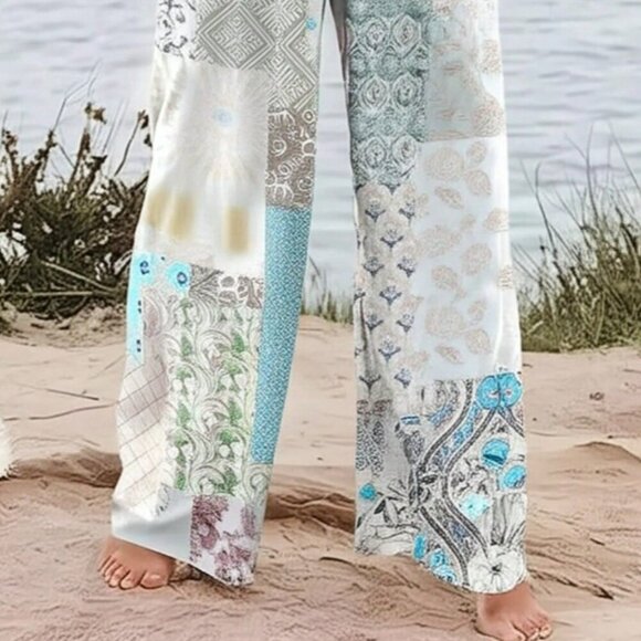 Grey Bohemian Women's Floral Ditsy Floral Patchwork High Waist Loose Pants - Picture 2 of 4